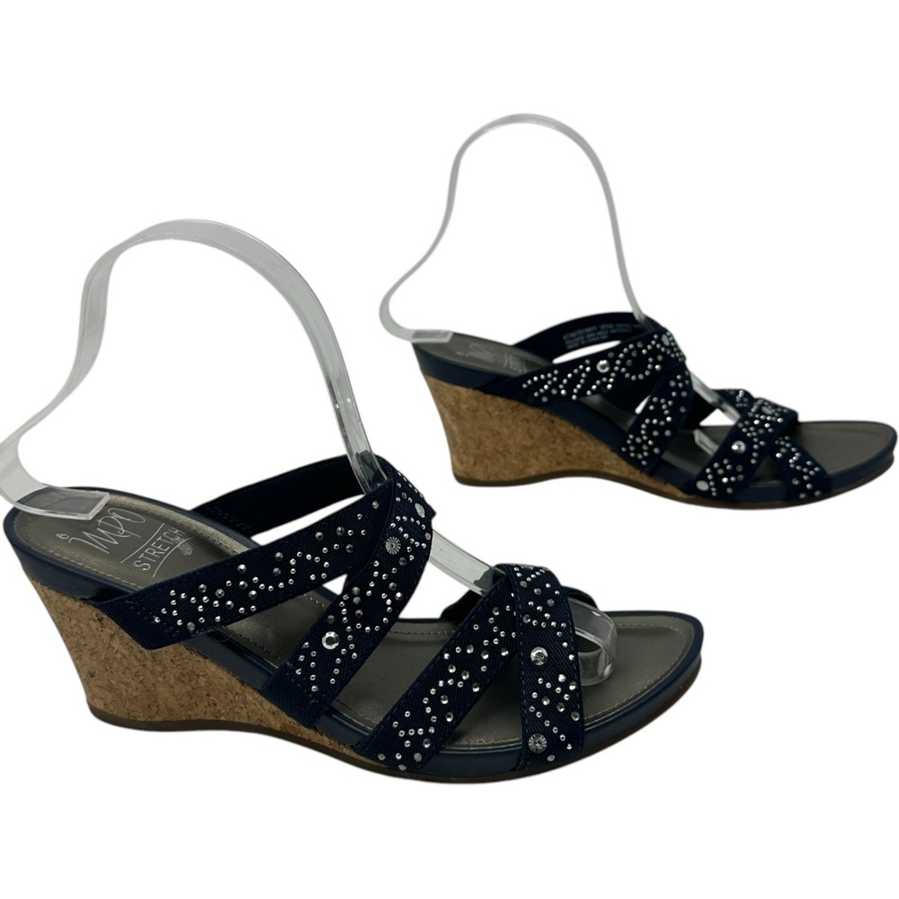 Impo Stretch VENA Wedge Sandals Womens 8.5 Navy Rhinestone Comfort Cork Studded